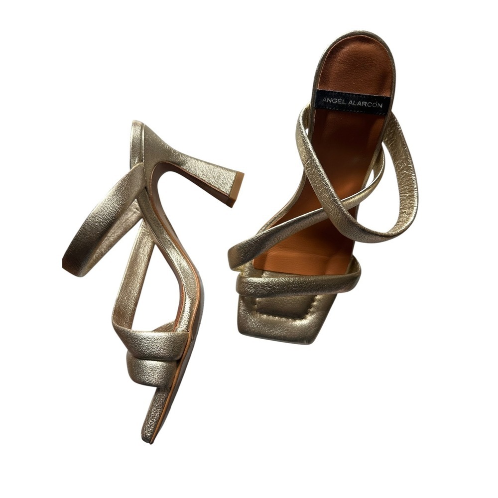 Angel Alarcon Metallic Gold Leather Square Toe Strappy Block Heel Sandals 36
